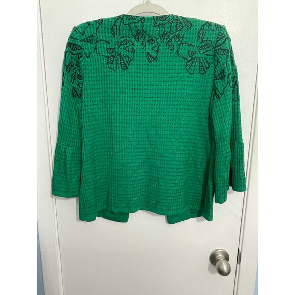 Ming Wang Cardigan Sweater XS Green Floral Embroidered Ruffled Sleeve Preppy NWT - Picture 3 of 6
